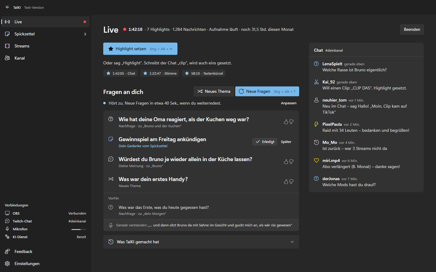 Die App während eines Streams: Fragen an den Streamer, darunter eine Zufallsfrage für ein neues Thema und ein Gedanke vom Spickzettel, rechts der Chat mit Fragen, Clip-Wunsch, neuen Leuten und einem Raid